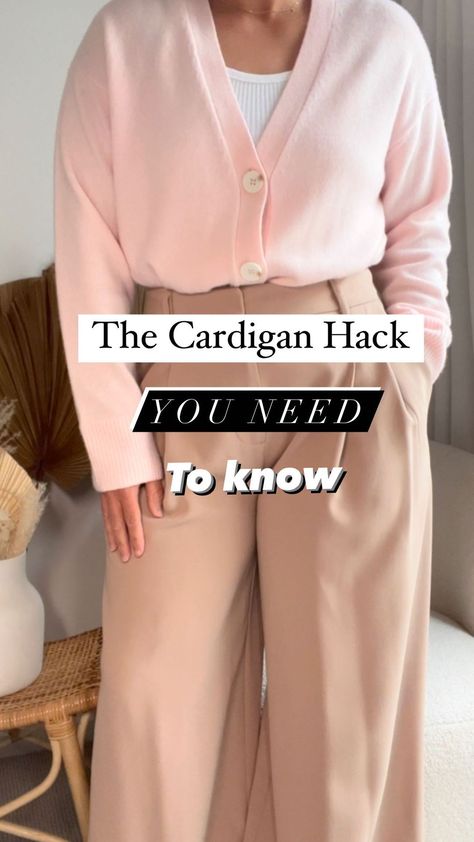 Emelia Morris Stylist | Style Hack Alert Got an oversized button cardigan that’s too long and bulky to tuck? Ive got you covered! Say goodbye to awkward lengths… | Instagram Cardigan Tucked In, Cardigan Tuck Hack, How To Tuck In Oversized Sweater, How To Button A Cardigan Hack, Cardigan Button Hack, Tuck Cardigan, Cardigan Hacks, Style A Cardigan, Oversized Cardigan Outfit