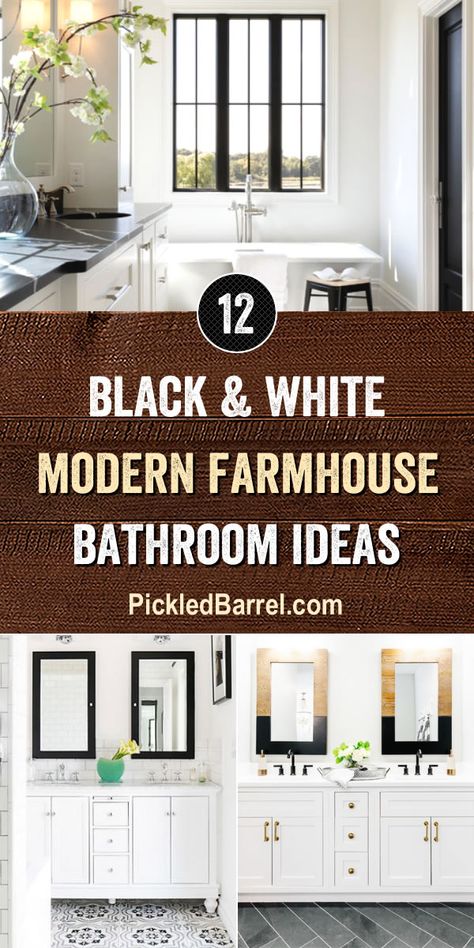 Black and White Modern Farmhouse Bathroom Ideas - PickledBarrel.com #bathroom #bathroomdecor #bathroomdecorideas #bathroomdecoratingideas #bathroomideas #bathroomdesign #farmhousebathroom #farmhousebathroomdecor #modernfarmhousebathroom #modernfarmhouse #modernfarmhousedecor #blackandwhitedecor White Modern Farmhouse Bathroom, Black And White Modern Farmhouse, Modern Farmhouse Bathroom Ideas, White Modern Farmhouse, Farmhouse Bathroom Decor Ideas, Black White Bathrooms, Farmhouse Bathroom Ideas, White Bathroom Designs, Decorating Farmhouse