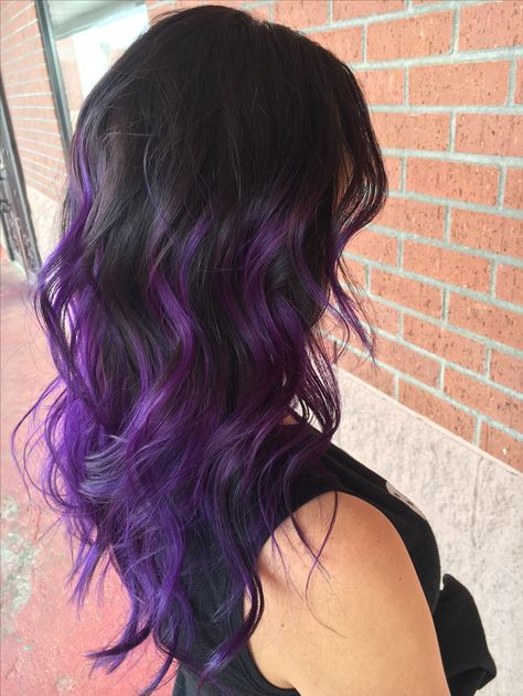 Royal Purple Highlights, Color Fade Hair Brunette, Purple Hair Fade Out, Purple And Black Balayage, Black Hair With Purple Halo, Bottom Half Dyed Hair Purple, Purple And Brunette Hair, Dark Hair With Purple Underneath, Purple Baylage Hair Brunettes