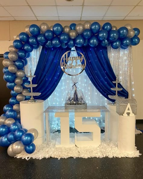 15 Birthday Decoration Ideas, Boy Quinceanera Ideas, Royal Blue Birthday Party Decorations, Royal Blue Birthday Party Ideas, Blue Decorations Party Birthday Ideas, Quiencera Ideas, Blue Birthday Party Ideas, 15 Birthday Ideas, Ideas Para 15 Años