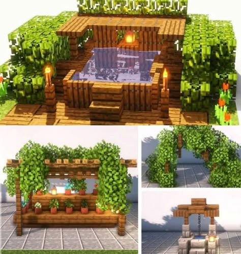 Minecraft Back Porch Ideas, Inside Decor Ideas Minecraft, Minecraft Comfy House, Minecraft Patio Design, Minecraft Balcony Ideas To Build, Outdoor Patio Ideas Minecraft, Minecraft Decor Outdoor, Minecraft Pergola Ideas, Minecraft Interior Ideas Cottage