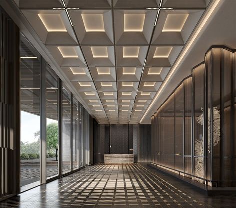 Long Hall Ceiling Design, House Lobby Ceiling Design Modern, Lobby Ceiling Design Modern, Lobby False Ceiling Design, Coffered Ceiling Lighting, Ballroom Lighting, Lobby Ceiling Design, Modern Hotel Lobby, Hotel Ceiling