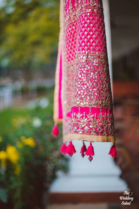 pink gota patti dupatta with pom poms hung on window Wedding Salad, Dupatta Collection, Indian Wardrobe, Desi Fits, Lehenga Jewellery, Gotta Patti, Indian Look, Big Fat Indian Wedding, Salwar Kamiz