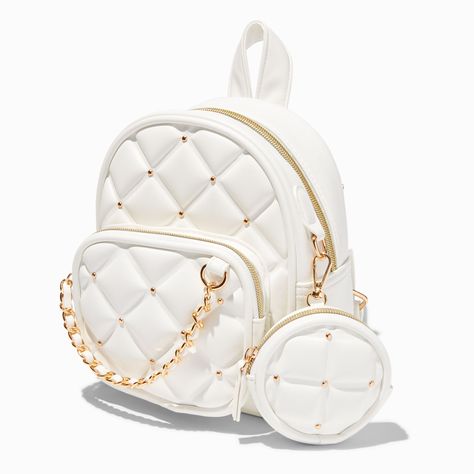 Claire's Gold-tone Studded White Quilted Small Backpack Backpacks For Girls, Round Coin Purse, Backpacks Accessories, Cute Mini Backpacks, Bunny Slippers, Backpacks For School, Mini Backpacks, Bags For Teens, Jewelry Words