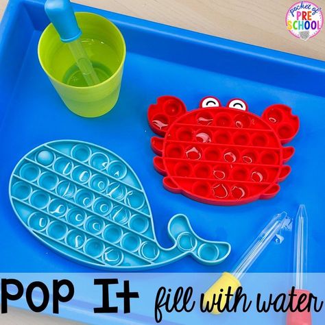 Increase fine motor skills and hand-eye coordination with water pop it activity for preschool, pre-k, and kindergarten! #preschool #prek #kindergarten #popit Bead Activities For Preschoolers, Easy Fine Motor Activities Preschool, Kindergarten Fine Motor Activities, Pop It Activities, First Week Of Preschool Activities, First Week Of Preschool, Twos Classroom, Curriculum Themes, Literacy Preschool