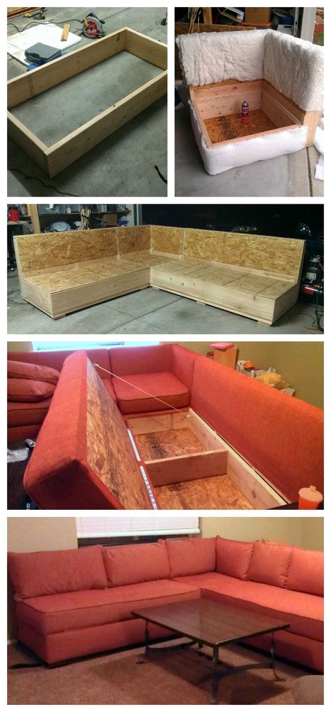 diy sofa sectional with storage!!!  Uses store bought cushions, just build base and staple fabric over it. Storage Sectional, Sectional With Storage, House Storage, Tiny House Storage, Diy Couch, Sofa Sectional, Sofa Storage, Diy Holz, Diy Sofa