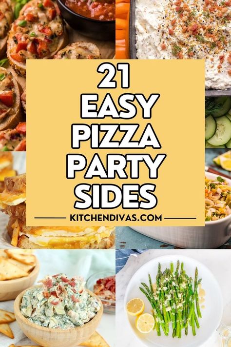 Collage of various pizza party side recipes with graphic overlay. Pizza Party Side Dishes, What To Serve With Pizza, Pizza Night Party, Pizza Party Food, Pizza Dinner Party, Pizza Side Dishes, Fall Pizza, Pizza Sides, Pizza Party Birthday