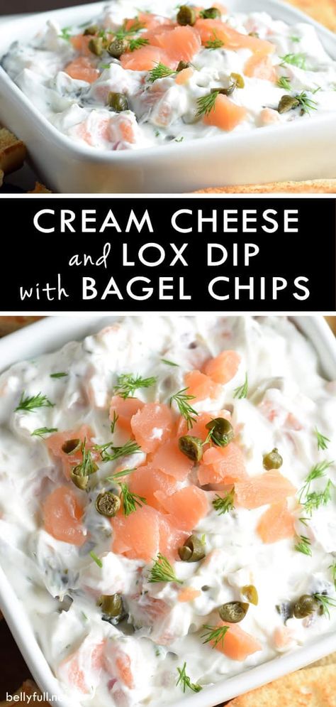 Cream cheese and lox on a bagel is transformed into a delicious dip for an easy appetizer. Perfect for brunch or Passover! Lox Brunch Ideas, Lox Cream Cheese Recipe, Lox Appetizer Recipes, Desert Fondue, Lox Dip, Brunch Dip, Lox Appetizer, Bagel Spread Recipes, Lox Recipes