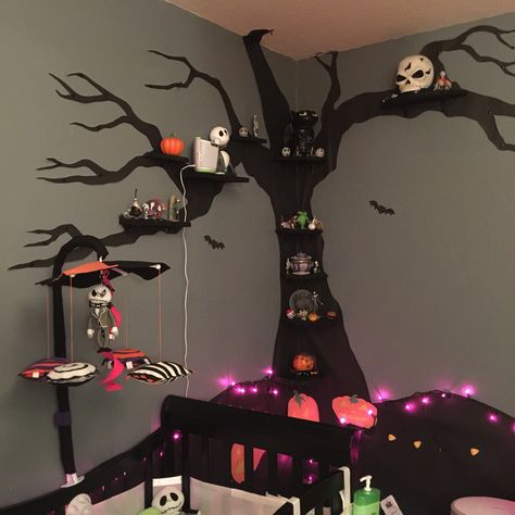 Nightmare Before Christmas Nursery on a Budget! | The Brain Squirrel Monologues Nightmare Before Christmas Nursery, Gothic Nursery, Nursery On A Budget, Christmas Nursery, Nightmare Before Christmas Tree, Nightmare Before Christmas Decorations, Casa Halloween, Goth Baby, Nightmare Before Christmas Halloween