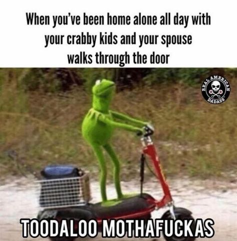 61 Funny Parenting Memes - "When you've been home alone all day with your crabby kids and your spouse walks through the door. Toodaloo mothaf***as." Kids Humor, Pinterest Funny, Kermit Funny, Funny Parenting, Parenting Style, Bad Parents, Mom Memes, Craps, Parenting Memes