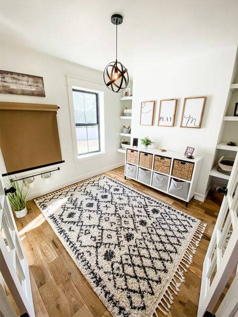 Play Area Off Living Room, Dining Room To Playroom Ideas, Workout Playroom Combo, Fixer Upper Playroom, Traditional Playroom, Spare Room Playroom Combo, Farmhouse Playroom Storage, Boho Farmhouse Playroom, Dream Home Makeover Studio Mcgee Playroom