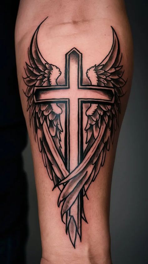 40+ cross tattoo Designs for men on forearm Cross With Wings Chest Tattoo, Crosses Tattoos For Men, Small Country Tattoos For Men, Mens Religous Tattoo Ideas, Boy Tattoos Men, Cross With Sun Rays Tattoo, Cross Tattoos For Men Neck, Christian Leg Tattoo, Men’s Cross Tattoos