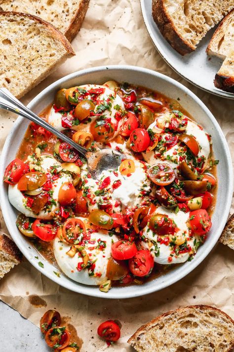 Calabrian Chili and Burrata Appetizer - Cooking for Keeps Burrata Appetizer, Classic Bruschetta, Burrata Recipe, Chili Pasta, Calabrian Chili, Tomato Bruschetta, Hot Bread, Whole Roasted Cauliflower, Wine Vinegar