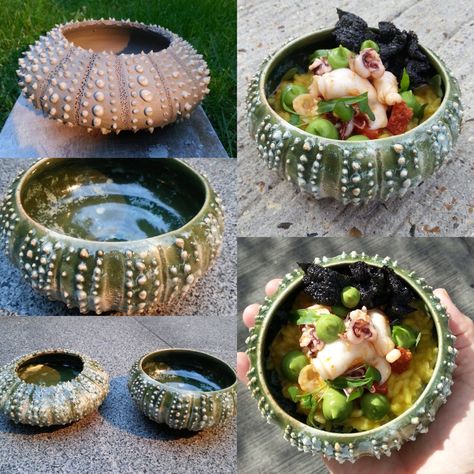 Pottery With Shells, Sea Urchin Ceramic, Sea Urchin Pottery, Pottery Sea Creatures, Ceramic Sea Urchin, Handmade Garden Art, Yarn Spinner, Diy Artwork, Ceramic Techniques