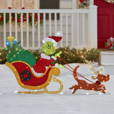 The Illuminated Grinch In Sleigh - Hammacher Schlemmer Grinch Yard Decorations, Led Christmas Decor, Grinch Decorations, Outside Christmas Decorations, Grinch Who Stole Christmas, Grinch Christmas Decorations, Hammacher Schlemmer, Inflatable Decorations, Christmas Yard Decorations