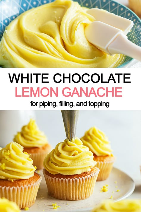 cupcakes with lemon ganache Orange Cream Icing, Easy Ganache Recipe Without Heavy Cream, Lemon White Chocolate Ganache, Lemon Ganache Filling, Blueberry Ganache Recipe, Lemon Ganache Recipe, Ganache Filling For Macarons, Blueberry Ganache, Whipped Ganache Frosting