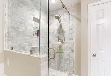 Walk In Showers With Window, Half Wall Half Glass Bathroom, Pony Wall Between Shower And Toilet, Glass Shower With Pony Wall, Glass Shower With Half Wall, Showers With Half Glass Walls, Showers With Pony Walls, 3x5 Shower Design, Half Wall Shower Ideas Master Bath