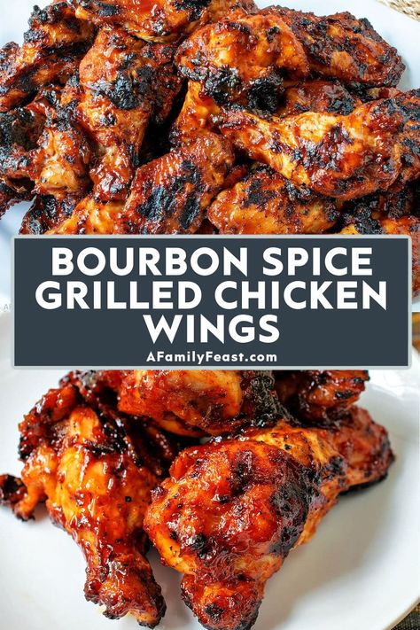 Bourbon Spice Grilled Chicken Wings - A Family Feast Bourbon Glazed Chicken, Chicken Wings Grilled, Grilling Recipes Chicken, Wings Grilled, Barbecue Chicken Wings, Glazed Chicken Wings, Wing Sauce Recipes, Frozen Chicken Wings, Grilled Wings