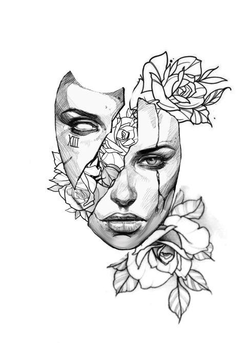 Portrait Art Tattoo, Woman's Face Tattoo, Open Head Tattoo, Two Faced Tattoo Woman, Mask Tattoos For Women, Split Personality Tattoo, Female Face Tattoo Design, 2 Face Tattoo, One Line Tattoo Ideas