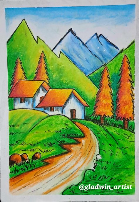 Pastel Colour Scenery Drawing, Landscape Painting With Colored Pencils, Beautiful Scenery Drawing Pencil, Basic Scenery Drawing, Senary Drawing Kids, Color Pencil Drawing Easy Landscape, Nature Drawing With Color, Scenary Drawings For Kids, Kids Scenery Drawing