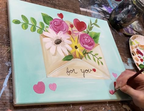 How To Paint - "For You ❤️" - Valentine's Day Envelope With Floral Canvas Painting Mothers Day, Mothers Day Paintings On Canvas, Easy Valentines Paintings, Mother’s Day Paintings On Canvas, Mothers Day Painting Ideas Canvases Mom, Mother Daughter Painting Ideas, Mother’s Day Painting, Mother's Day Painting Ideas Canvases, Painting For Mother