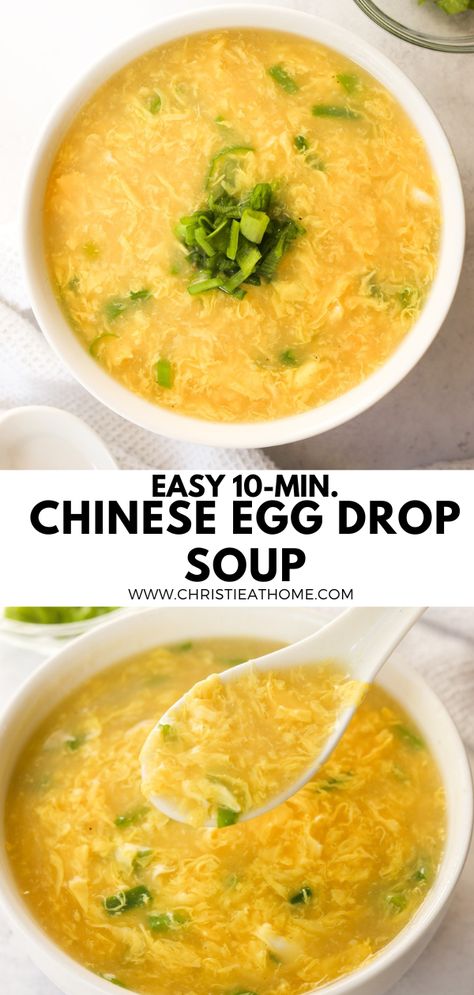 Easy 10-min. Egg Drop Soup. A delicious soup made of hot chicken broth with silky eggs seasoned with sesame oil and green onions. A popular soup in Chinese cuisine. Egg Drop Soup Recipe Authentic, Egg Drop Soup Easy, Chinese Egg Drop Soup, Egg Soup Recipe, Homemade Egg Drop Soup, Chinese Soups, Asian Soup Recipes, Chinese Soup Recipes, Glo Girl