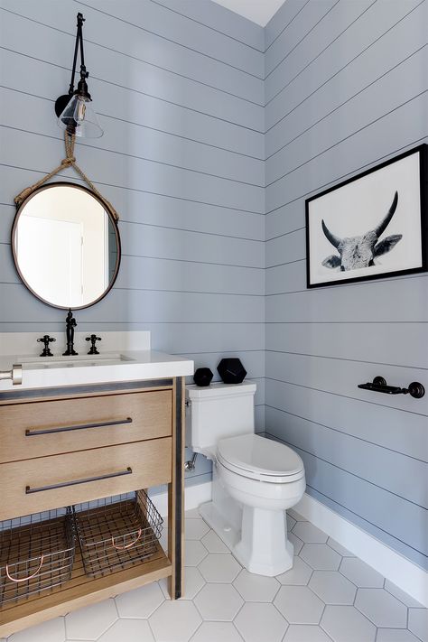 This whole look for downstairs bath Painting Shiplap, Shiplap Bathroom, Shiplap Accent Wall, Wooden Vanity, Bad Inspiration, Bathroom Paint Colors, Wood Vanity, Blue Bathroom, Grey Bathrooms