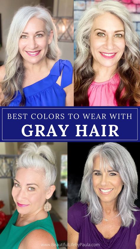 Best colors to wear with white, gray, silver or platinum hair. Also learn your skin undertone so you know what clothing colors will look best on you! | gray hair tips | gray hair fashion | silver hair tips | over 50 fashion Grey Hair And Glasses, Grey Hair With Bangs, Long Silver Hair, Silver White Hair, Grey Hair Over 50, Grey White Hair, Silver Blonde Hair, White Hair Color, Beautiful Gray Hair