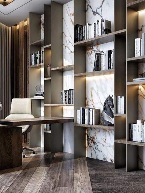 Home Office Interior Design Library Study Room Interior Design, Floating Shelves Library Bookshelves, Living Room Shelves Decor Ideas, Office Shelves Ideas, Library Wall Design, Library In Living Room, Living Room With Library, His And Her Office Space Home, Cabinets In Living Room