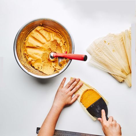 For this pork tamales recipe, you can make masa, a dough made from ground corn, in two ways: instant and fresh. Fresh yielded the best corn flavor and best texture, but you can use corn masa flour too, which is easier to find. You can find fresh masa and dried corn husks at tortilla stores/factories, international sections at larger stores, or online. Whichever masa you choose, be sure to save some of the chile purée from the pork filling. Tamales Recipe Pork, Make Tamales, How To Make Tamales, Mexican Tamales, Pork Tamales, Chicken Tamales, Tamale Recipe, Tortilla Press, Corn Seed