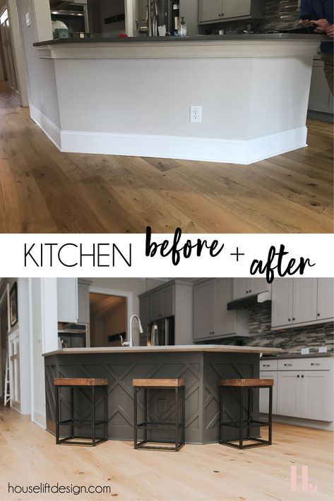 An inexpensive way to give your kitchen peninsula an awesome update that's also functional! No more dirty feet marks on the drywall. We added a custom designed trim and then had it painted a dark color in a satin paint finish. Added a few counter stools and it's a whole new look! Click to check out more photos of this home. Kitchen Island Makeover, Kitchen Peninsula, Серая Кухня, Diy Kitchen Renovation, Organizing Hacks, Inspiration Kitchen, Hus Inspiration, Makeover Ideas, Kitchen Redo