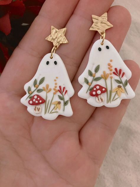 Fall Earring, Clay Ghost, Spooky Earrings, Floral Halloween, Boho Halloween, Halloween Clay, Earrings Fall, Ghost Earrings, Halloween Geist