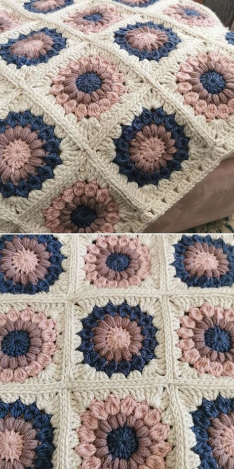 cream, pink and navy colored crochet blanket made with squares Endless Granny Square Blanket, Sunburst Hexagon Crochet, Western Granny Square, Pink Granny Square Blanket, Granny Square Blanket Layout, Hexagon Granny Square Pattern, Granny Square Blanket Ideas, Granny Square Color Combinations, Sunburst Granny Square Blanket