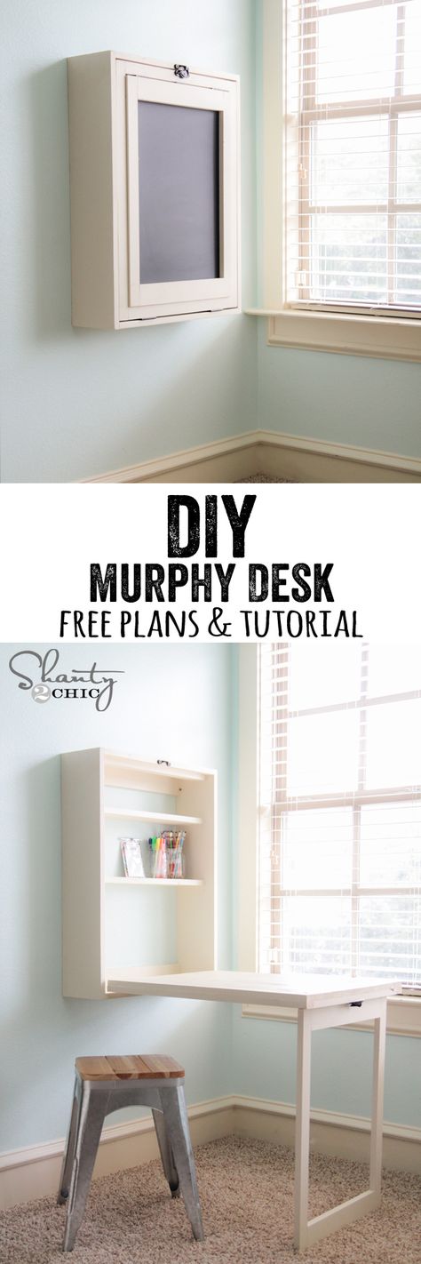 LOVE this DIY desk! Perfect for a small space and can be used for anything! www.shanty-2-chic.com Diy Murphy Desk, Diy Desks, Murphy Desk, Små Rum Lidt Plads, Diy Muebles Ideas, Diy Casa, Hus Inspiration, Free Plans, Diy Desk