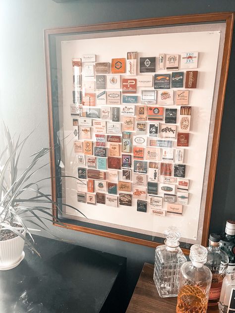 Shadow Box Of Memories, Match Box Display Ideas, Matches Collection Display, Matchbox Display Ideas, Match Box Frame, Shadow Box Matches, Matchbox Collection Display, Match Box Wall Art, Matchbox Wall Art