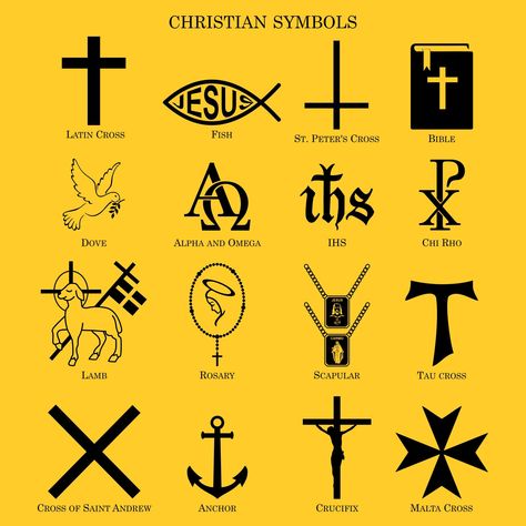 christian symbols -  christian symbols latin cross fish saint peter Bible dove alpha omega IHS Chi Rho lamb rosary scapular tau andrew anchor crucifix malta jesus God inverted biblical religion chain gold eternity history illustration vector graphic belief ancient mary carmo faith miracles catholic prayer medal gift salvation Saints Symbol Tattoo, Biblical Symbols, Catholic Symbols, Biblical Tattoos, Tattoos And Meanings, Catholic Beliefs, Chi Rho, Art Sacre, Symbols And Meanings