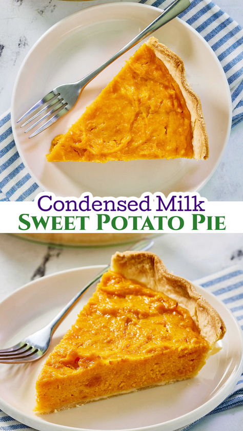 This simple sweet potato pie with condensed milk recipe has the perfect smooth texture and rich flavor. You are going to love how easy it is to put together and it will be the star of your dessert table at Thanksgiving or any time a pie craving strikes. Sweet Potato Pie Crust Recipe, Healthy Sweet Potato Pie Recipe, Pie With Condensed Milk, Healthy Sweet Potato Pie, Sweet Potato Pie Recipe Easy, Recipes Using Condensed Milk, Sweet Potato Pie Filling, Adorable Desserts, Condensed Milk Recipe