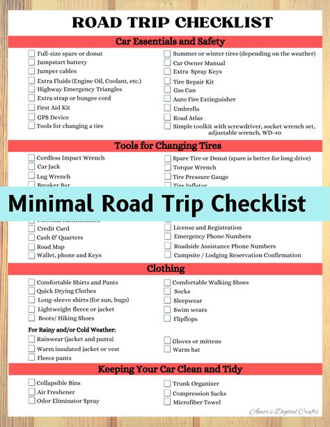 Digital Road Trip Checklist Complete Easy to Follow - 1 Page Back to Back! Never forget any Road Trip Necessities! Road Trip Checklists A road trip checklist that is curated from personal experience and my recent road trip to West Virginia, if only I have a checklist like this it would have save me from a lot of troubles and stress on the road thus the incident made me cut my trip short and just go home. This checklist will for sure help you prepare and enjoy your roadtrips. Road trip Printable Checklist Package - Letter Size 8.5″ x 11″ Can be printed Back to Back or 2 Page Document. Laminate for more durability and protection. Complete and Concise : Simple and easy to follow, Road Trip checklist that contains the most important and must have items for your next Road trip adventures. From Roadtrip Checklist, Packing List For Road Trip, Basic Camping Checklist, Trip Necessities, Road Trip Necessities, Road Trip Printables, Trip Checklist, Road Trip Checklist, Travel Packing Checklist