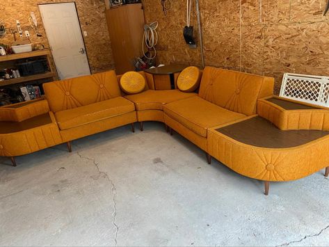 Vintage 3 piece sectional couch, Includes toss pillows .  Solid wood, swivel console.  Whole  unit is 112”x112”.  Individual pieces are as follows ... Two of the pieces are each 32 “x68” centre one is 44x44 Modern 70s Furniture, Sectional Couch Apartment, 70s Sectional Sofa, Mid Century Modern Couch Sectional, Mcm Sectional Sofa, Retro Sectional Sofa, Vintage Sectional Sofa, 70’s Couch, Unique Couches Living Room