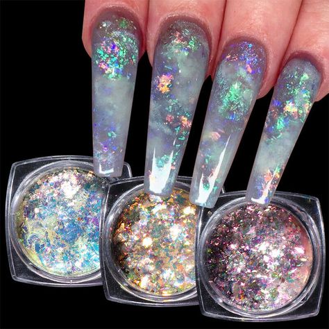 Nail Iridescent, Powder Glitter Nails, Nail Flakes, Nails Powder, Chameleon Nails, Opal Nails, Dip Nail, Star Nail Art, Mermaid Nails