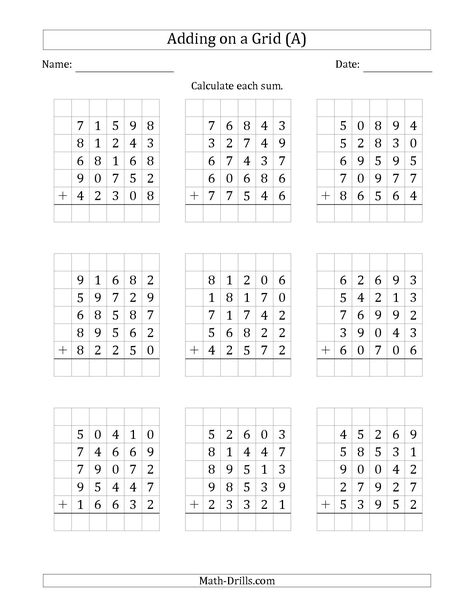 The Adding Five 5-Digit Numbers on a Grid (A) math worksheet from the Addition Worksheet page at Math-Drills.com. Addition With Regrouping Worksheets, Math Division Worksheets, Addition With Regrouping, Math Fact Worksheets, Math Addition Worksheets, Math Practice Worksheets, Math Drills, Math Pages, 3rd Grade Math Worksheets