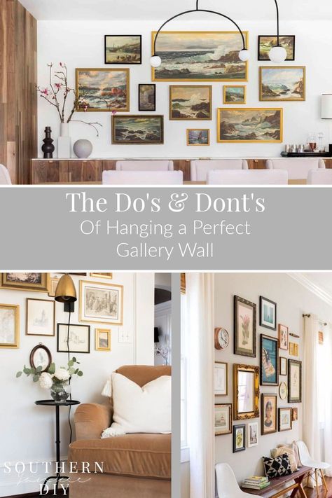 Gallery Wall With Paintings, Home Gallery Wall Ideas, Picture Rail Gallery Wall, Eclectic Gallery Wall Ideas Living Room, How To Make A Gallery Wall, Gallery Wall Rules, Collage Wall Bedroom, Gallery Wall Template, Picture Walls