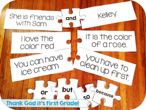 Conjunction puzzles. Students use the conjunctions and, or, but, so, because to complete different sentence puzzles. Great way to practice using conjunctions! Conjunctions Activities, Common Core Language, English Ideas, First Grade Writing, Grammar And Punctuation, Grammar Activities, Teaching Grammar, Teaching Language Arts, Teaching Ela