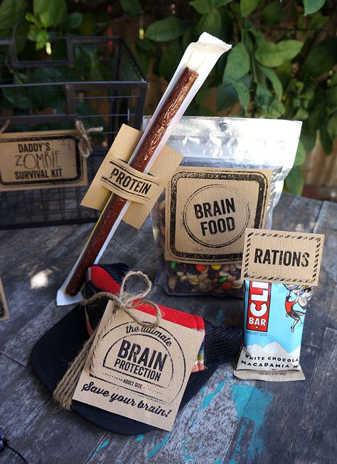 Fun idea for a Fathers Day gift! Use these free printables to make a Daddy's Zombie Survival Kit. Zombie Survival Kit, Food Rations, Zombie Gifts, Survival Kit Gifts, Winter Survival, Survival Supplies, Zombie Party, Survival Techniques, Zombie Survival