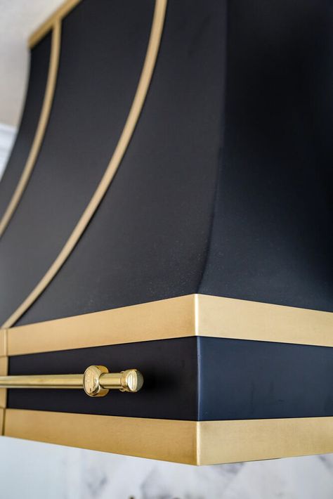 Black And Brass Hood, Classic Range Hoods, Gold Hood Vents Kitchen, Custom Oven Hoods, Black And Brass Range Hood, Black And Gold Range Hood, Beautiful Range Hoods, Custom Stove Hoods, Metal Range Hood Kitchen