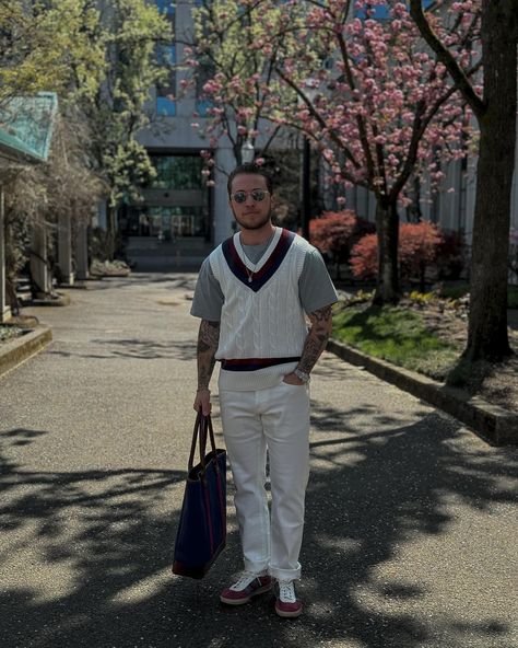 Spring icon: the vintage-inspired tennis sweater vest. 🎾 I think I’ve pinned, saved, and screenshotted this sweater vest 100 times over the years. I finally got it and it’s everything I dreamed it would be. This is definitely one of my favorite styles of the season. What do you think? Everything is linked in my shop. 🏓 #springoutfit#sweatervest#tennissweater#mensfashion #brooksbrothers#whitedenim#mensstyleguide#preppystyle Sweater Vest Outfit Mens, Gay Outfits, Tennis Sweater, Sweater Vest Outfit, Spring Outfits Men, Outfits Men, Vest Outfits, Winter Outfit, Got It