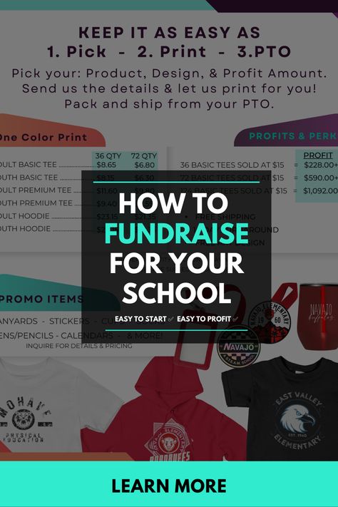 School fundraising with custom t-shirts including free marketing materials to make your efforts a success for your school. How To Fundraise, School Hoodies, Ways To Fundraise, T Shirt Fundraiser, School Pto, Football Cheer, Parent Teacher, Fundraising Ideas, School Tees