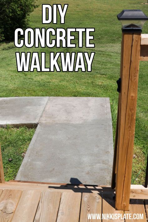 Concrete Pads Walkway, Diy Concrete Walkway Paths, Cement Steps Diy, How To Diy Concrete Patio, How To Make A Cement Patio, Quickcrete Walkway, Cement Sidewalk Ideas, Diy Concrete Sidewalk, Concrete Pad Diy