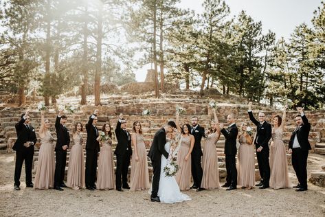 Black and nude Wedding Party #rockymountainwedding #mountainwedding #bridesmaiddresses #wedding #weddingparty Black Taupe Wedding, Black Taupe And Greenery Wedding, Black And Beige Bridesmaid Dresses, Black Tux Champagne Dress, Taupe Black Wedding, Taupe And Black Wedding Party, Neutral And Black Wedding Colors, Taupe Bridal Party Groomsmen, Black And Khaki Wedding