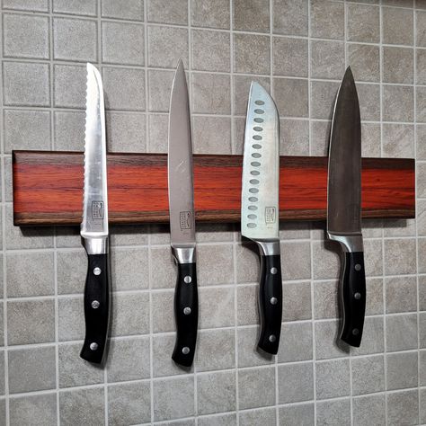 These handcrafted knife holders will look great in accenting your kitchen. They will keep your countertop uncluttered from those boxy knife holders or free up drawer space. Make a great gift! Magnetic Knife Rack, French Rolling Pin, Padauk Wood, Magnetic Knife Holder, Knife Rack, Handcrafted Knife, Wood Knife, Drawer Space, Spalted Maple